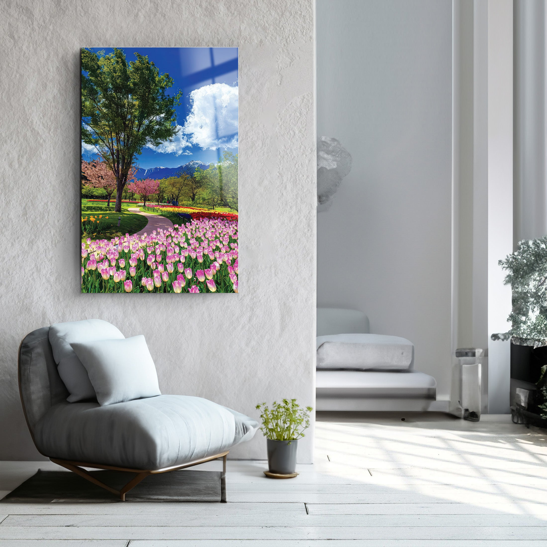 Tulip Garden View | Glass Wall Art