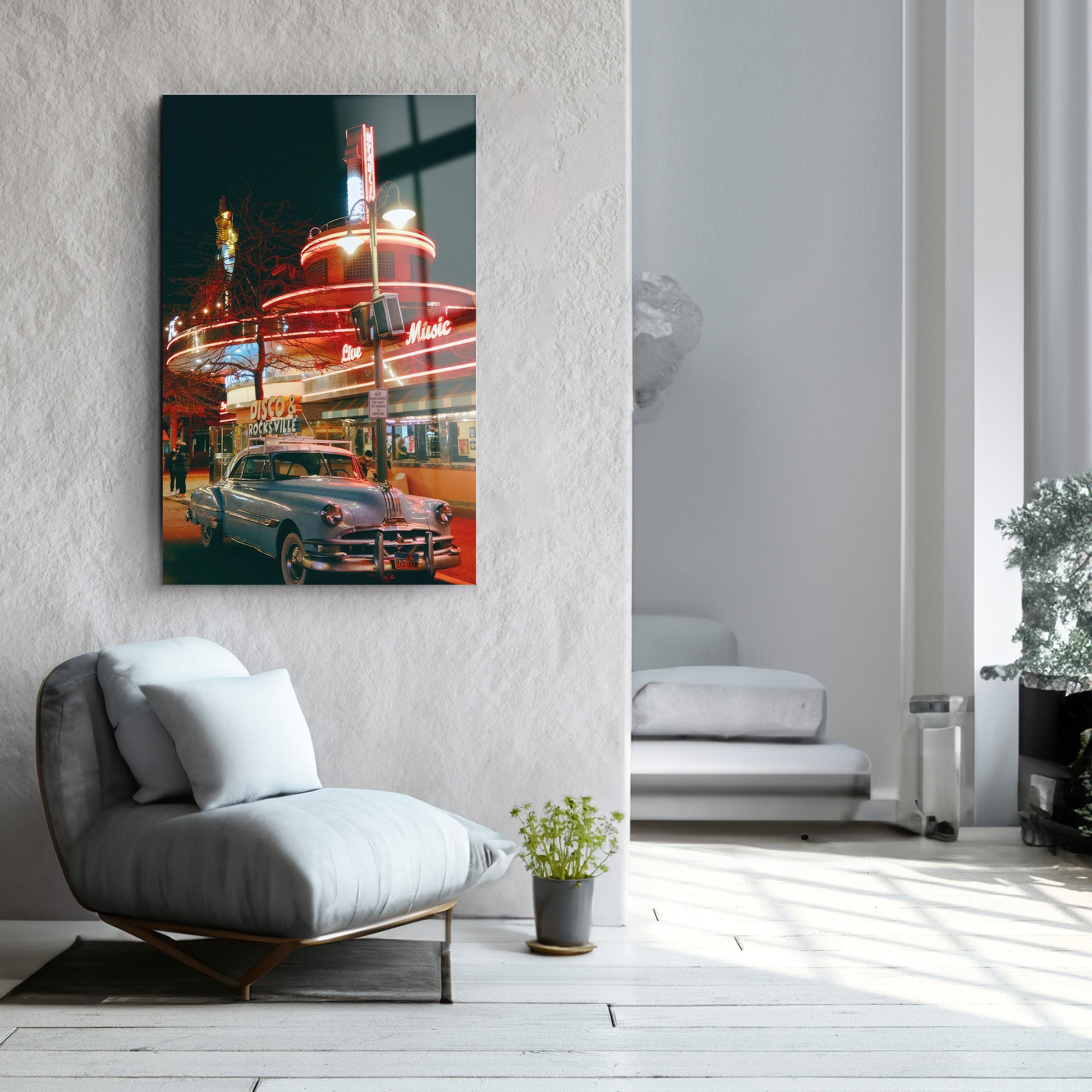 Classic Car in City | Glass Wall Art