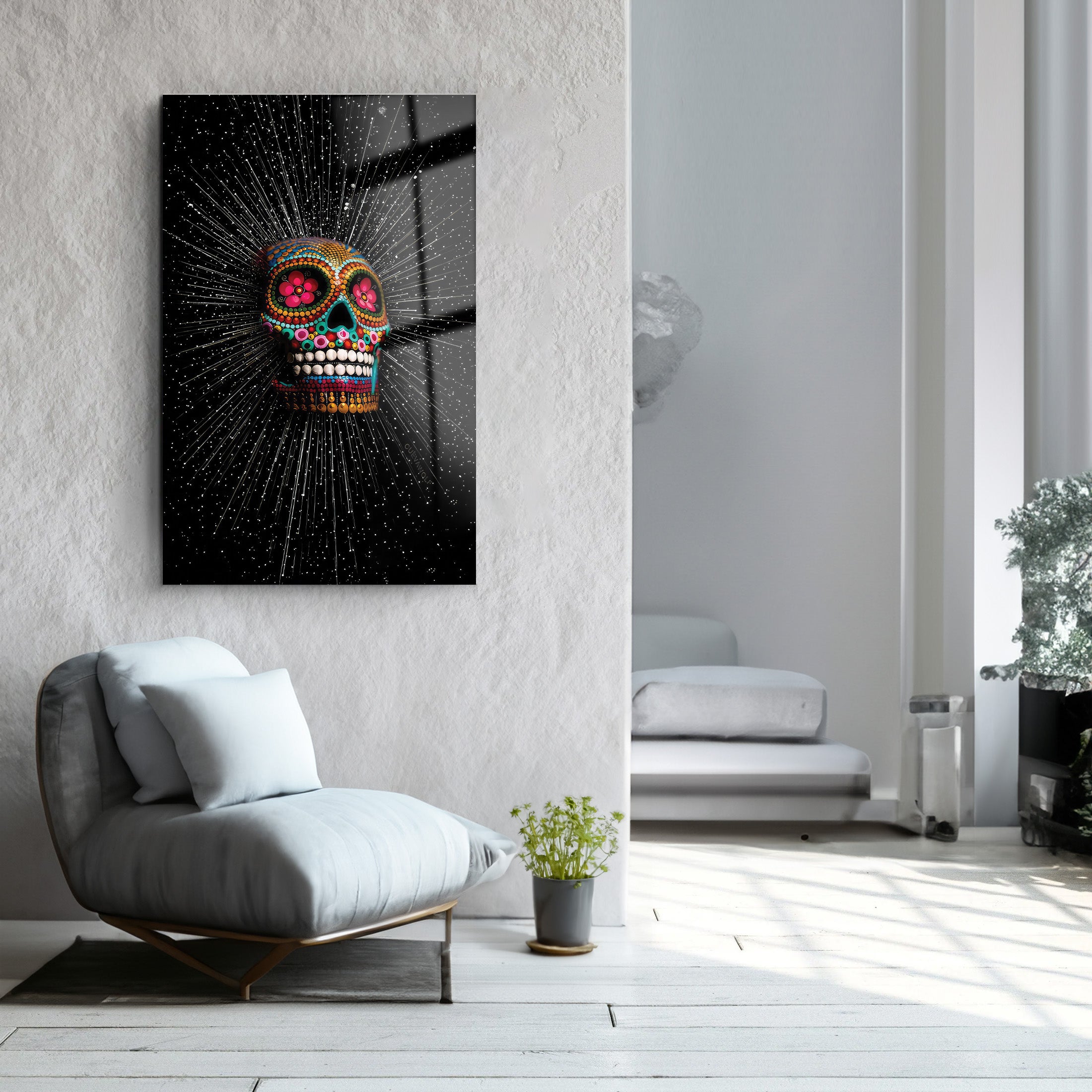 Rainbow Shine Skull | Glass Wall Art