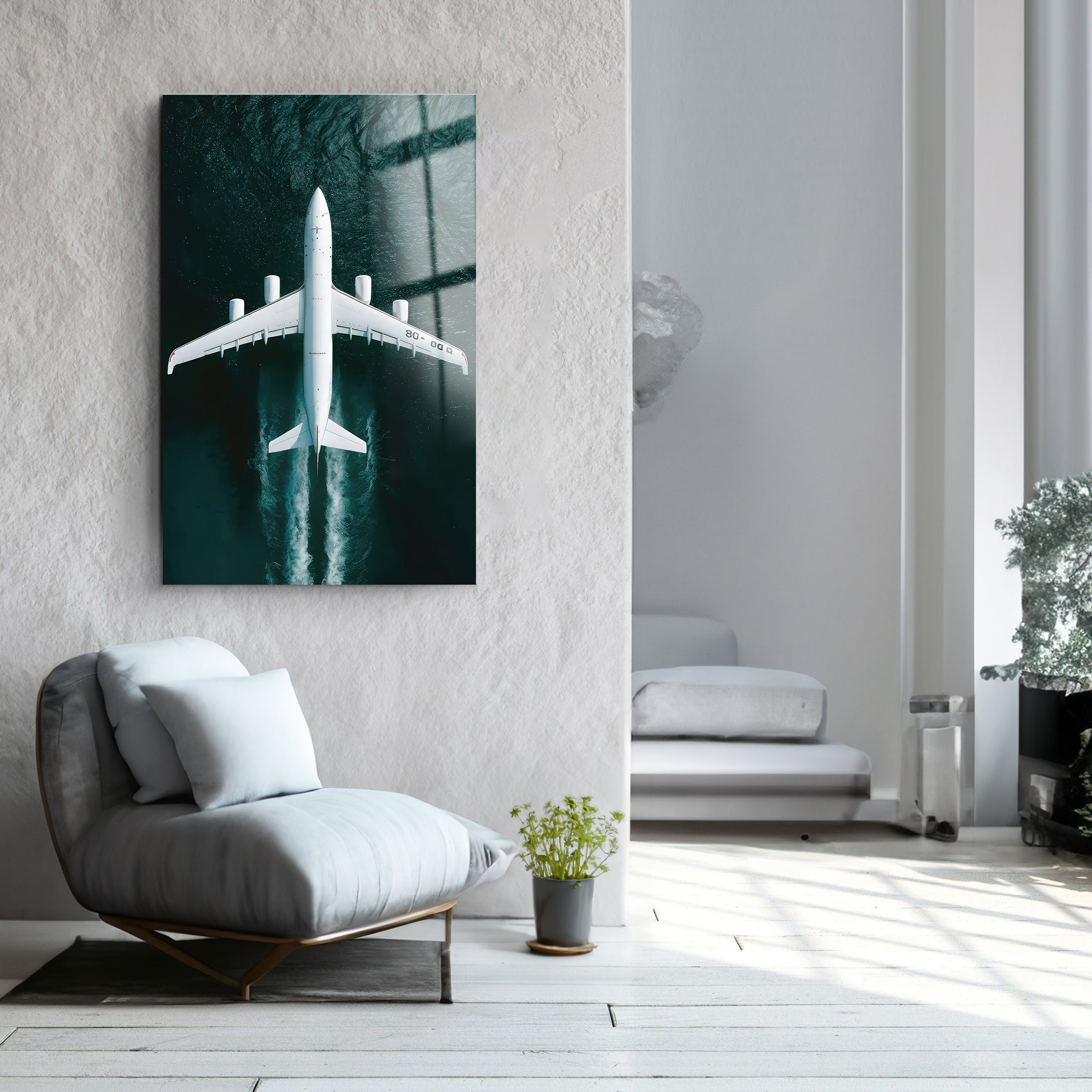 Plane on sea | Glass Wall Art